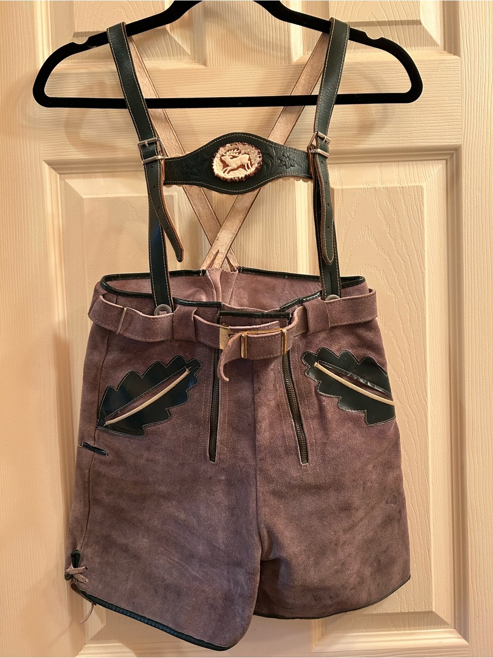 Youth Size 6-7 Gray Suede Lederhosen Shorts w/ Forest Green leather accents Vtg